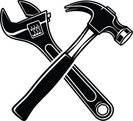 Detailed crossed hammer and wrench tool illustration representing construction repair maintenance craftsmanship hardware industry in bold black silhouette style