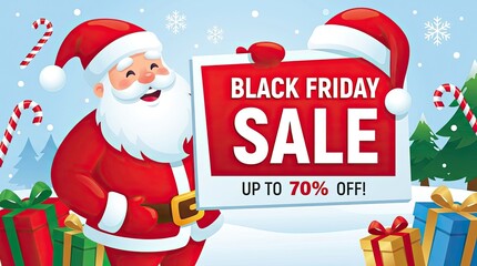 Santa shows Black Friday sale with gifts and candy canes.