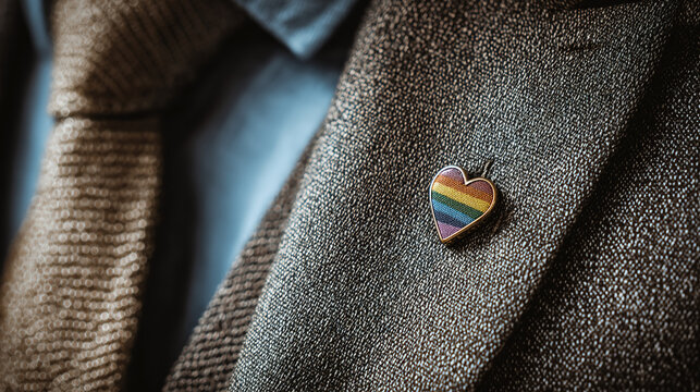 Professional displaying rainbow heart pin on suit symbolizing workplace inclusion diversity - Powered by Adobe