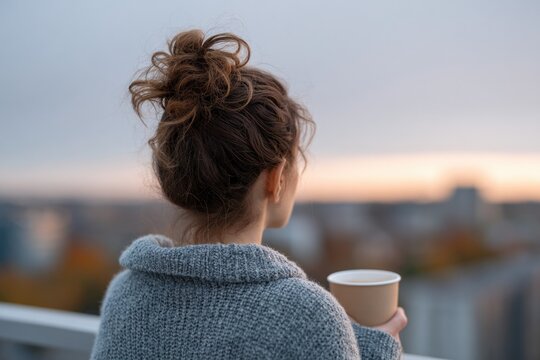 Contemplative moment captured with woman gazing at sunset holdin