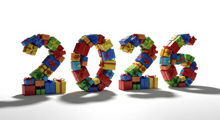 Brightly colored gift boxes arranged to form numeral sequence 2026, creating festive atmosphere