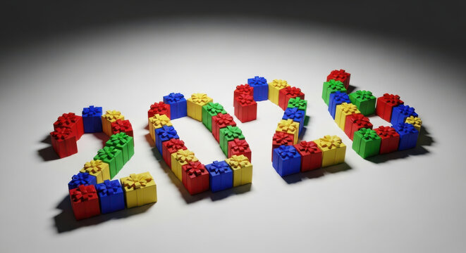 Brightly colored cubic gift boxes arranged to form numeral sequence 2020 on white stage