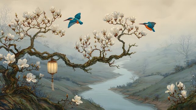 Dreamy landscape with river magnolias kingfishers and lantern evokes serenity tranquility