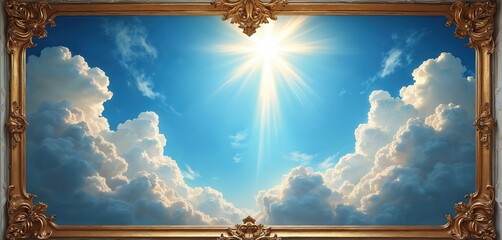 Ornate gold frame surrounds bright sun shining through white clouds in blue sky. Celestial scene painted on ceiling, appears like window. Divine heavenly artwork.