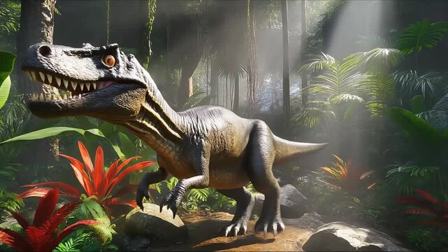 Photorealistic 3D rendered Tyrannosaurus Rex walking slowly through a dense, sunlit prehistoric jungle environment, perfect for documentaries and adventure movie intros.