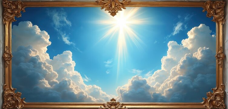 Ornate gold frame surrounds bright sun shining through white clouds in blue sky. Celestial scene painted on ceiling, appears like window. Divine heavenly artwork.