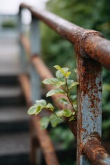 Rusty railing intertwined with vibrant green leaves, symbolizing