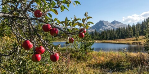 ripe apples on a tree branch on a farm in autumn