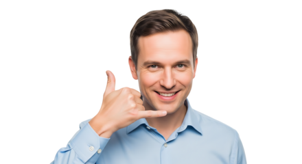 Smiling man making a call me gesture isolated on transparent background, a friendly and positive expression for communication and connection