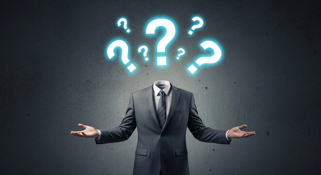 Headless figure in suit against concrete backdrop, question marks above. Represents confusion, uncertainty, mystery, business problem, decision making - Powered by Adobe