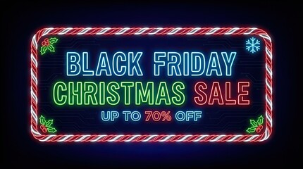Black friday christmas sale offers big discounts with festive neon signs.