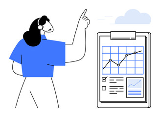 Person gestures toward a clipboard with a graph, data points, checklist, and report indicators. Ideal for analytics, planning, strategy, business growth, presentation productivity simple flat