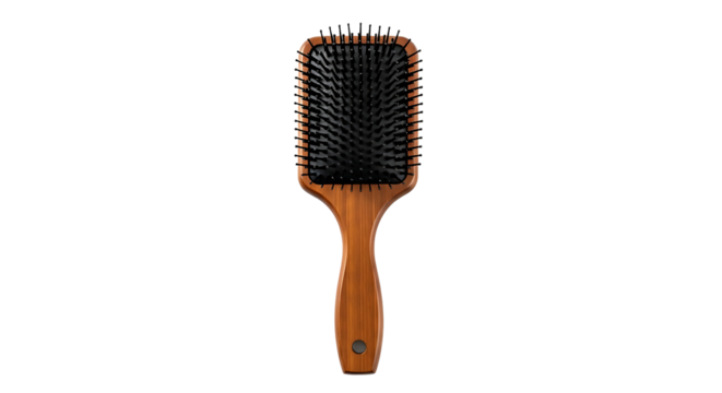 Wooden hairbrush with black bristles isolated on transparent background for hair care and styling, promoting healthy hair and scalp massage