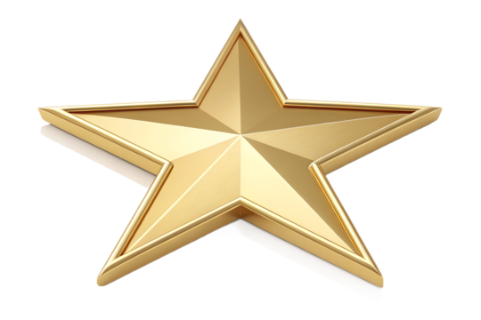 3D five-point gold star, smooth gloss finish, bright reflections, clean minimal look, transparent PNG background