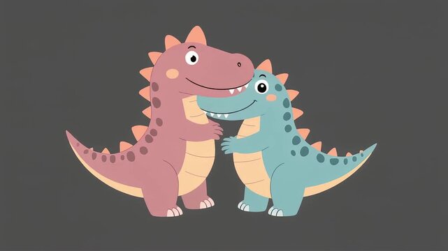 Cute animated cartoon of two friendly dinosaurs hugging affectionately on a plain background, perfect for children's content and educational apps.