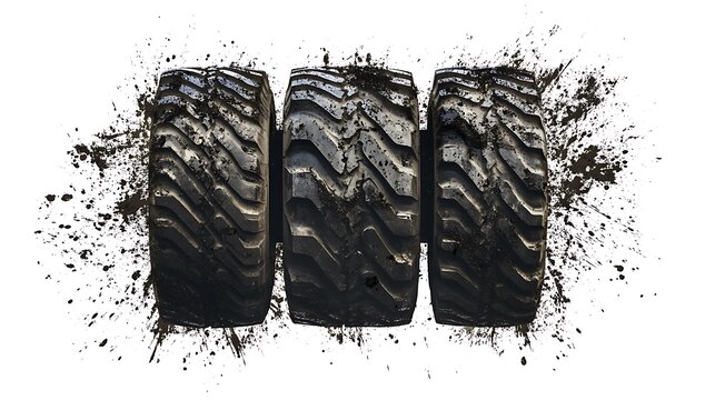 Three Muddy Tractor Tires on a White Canvas Create an Impactful Art Piece - Powered by Adobe