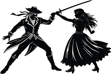 Man and woman sword fight silhouette