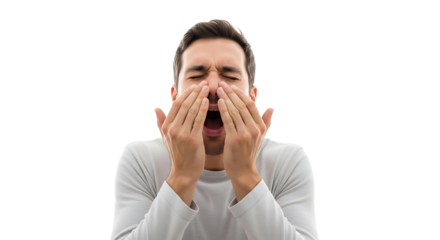 Man sneezing into his hands isolated on transparent background, demonstrating the importance of hygiene and covering mouth and nose when coughing or sneezing