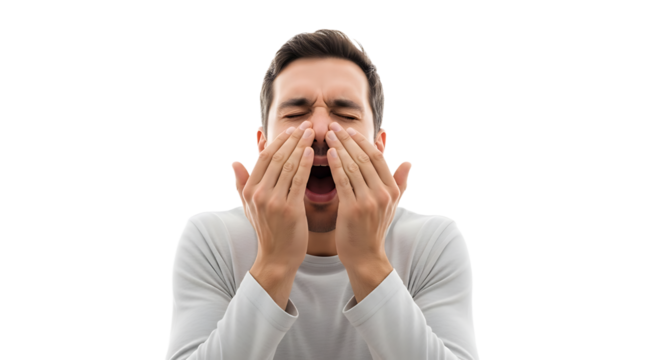 Man sneezing into his hands isolated on transparent background, demonstrating the importance of hygiene and covering mouth and nose when coughing or sneezing