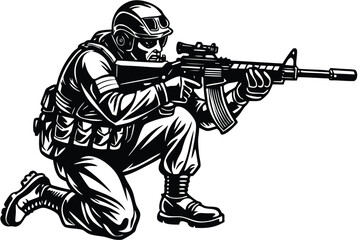 Soldier aiming rifle in crouched position silhouette