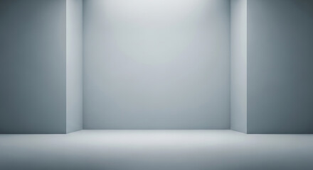 Empty minimalist light blue-grey room with soft spotlights, clean backdrop.