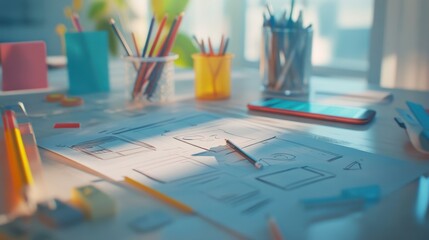 Artistic workspace with sketches and colorful pencils under soft sunlight atmosphere