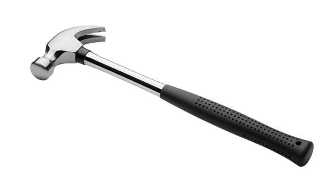Closeup of a claw hammer with a black handle isolated on transparent background, showcasing its design and functionality for various tasks