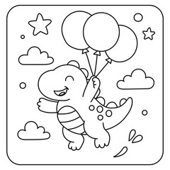 Cute Dinosaur Coloring Page – Kawaii Dino Flying with Balloons for Kids