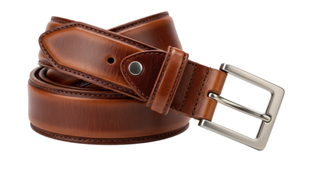 Brown leather belt isolated on transparent background, a stylish and durable accessory for men, perfect for completing any casual or formal outfit