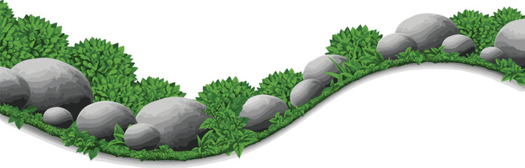 Curved Garden Border with Green Bushes and Stones Vector Illustration for Landscaping Design.