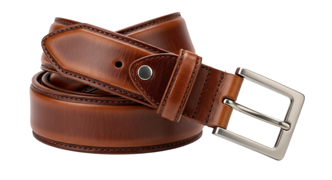 Brown leather belt isolated on transparent background, a stylish and durable accessory for men, perfect for completing any casual or formal outfit