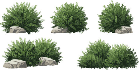 Set of Green Bushes and Stones Vector Illustrations Isolated on White Background for Garden Design.