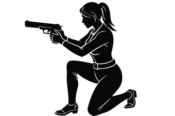 Woman in silhouette aiming a handgun while kneeling silhouette