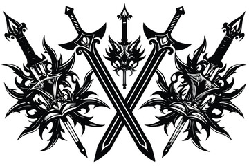 Ornate crossed swords and blades silhouette design