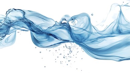 Dynamic translucent water swirl and splashes abstract rendering against a white backdrop
