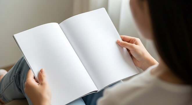 Person holding an open blank magazine or book with empty white pages, providing ample copy space for custom content or design mockups