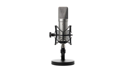Studio condenser microphone on a stand isolated on transparent background for professional audio recording and broadcasting applications