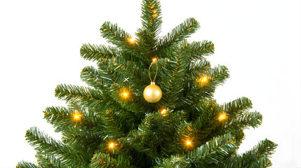 Close up of artificial christmas tree shining with golden holiday and a single gold ornament