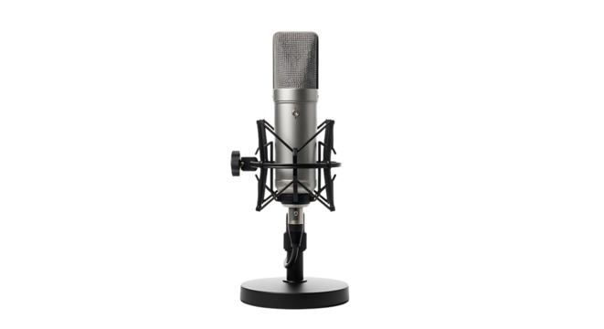 Studio condenser microphone on a stand isolated on transparent background for professional audio recording and broadcasting applications