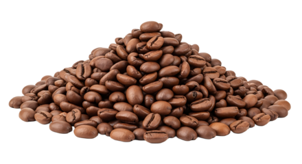 Pile of roasted coffee beans isolated on transparent background, showcasing the rich aroma and inviting warmth of a freshly brewed cup