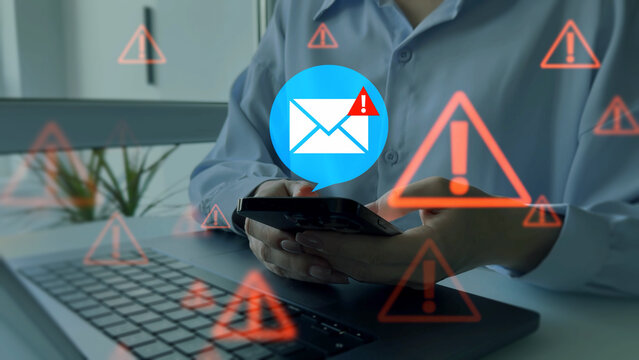 Spam email message on digital screen. Email security and virus spam alert in email. Fake text email scam.Scammers online.Cyber scam.