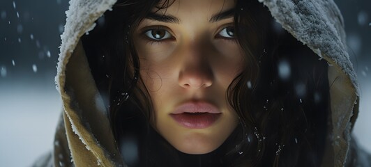 head and shoulders image of a dark wavey haired girl aroud 25 wearing a white hooded robe ,generative AI
