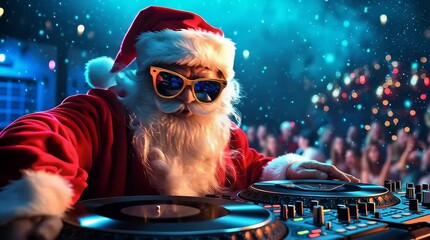 A DJ Santa Claus plays energetic music at a holiday party. The concept of festive entertainment, lively celebration, and joyful holiday spirit. Generative AI.
