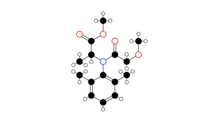 metalaxyl molecule, structural chemical formula, ball-and-stick model, isolated image systemic fungicide