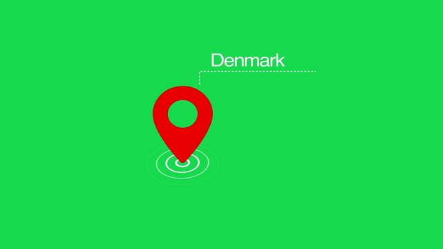 Denmark location marker animation on transparent background. Denmark map label with location pin symbol. Denmark map with destination location concept
