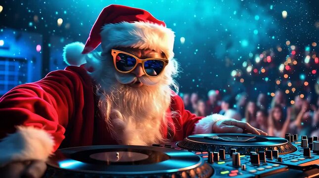 A DJ Santa Claus plays energetic music at a holiday party. The concept of festive entertainment, lively celebration, and joyful holiday spirit. Generative AI.