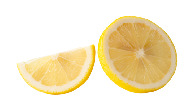 Front view set of ripe yellow lemon fruit in slices in circle and quarter shape isolated with clipping path in png file format