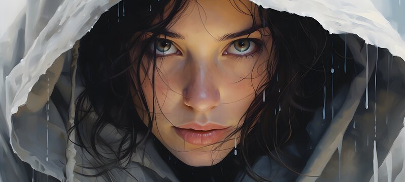 head and shoulders image of a dark wavey haired girl aroud 25 wearing a white hooded robe ,generative AI