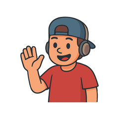 Boy waving hand with headphones illustration. Cheerful character greeting while listening to music.