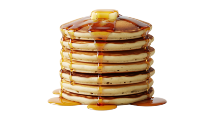 Stack of delicious pancakes with butter and maple syrup isolated on transparent background is ready to be served for breakfast or brunch